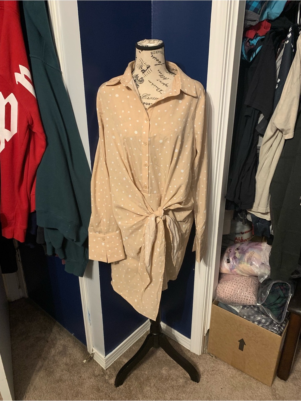 Vine & Love Beige Polka Dot Tie-Front Button-Down Shirt